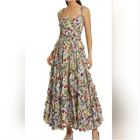 Mac Duggal Midi Floral Ruffled Tiered Cotton Long Dress - Picture 3 of 6